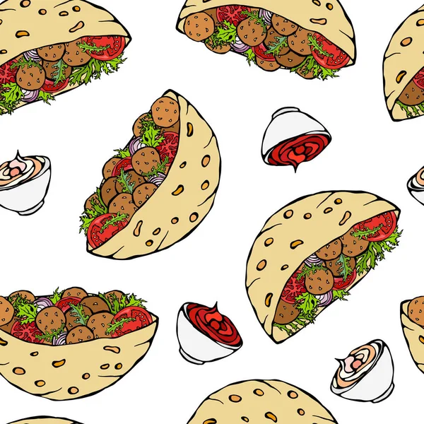 Falafel Pita ya da Köfteli Salata 'lı kusursuz bir patern. Arap İsrail Sağlıklı Fast Food Fırını. Yahudi sokak yemekleri. Gerçekçi El Çizimi Çizimi. Savoyar Doodle Biçimi