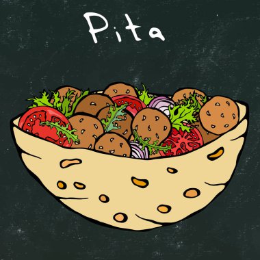 Kara Tahta Geçmişi. Falafel Pita ya da Köfte Salatası. Arap İsrail Sağlıklı Fast Food Fırını. Yahudi sokak yemekleri. Gerçekçi El Çizimi Çizimi. Savoyar Doodle Biçimi