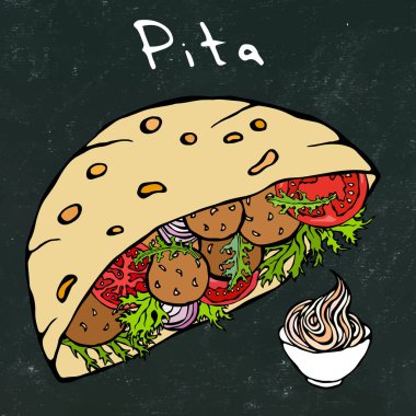 Kara Tahta Geçmişi. Falafel Pita ya da Köfte Salatası. Arap İsrail Sağlıklı Fast Food Fırını. Yahudi sokak yemekleri. Gerçekçi El Çizimi Çizimi. Savoyar Doodle Biçimi