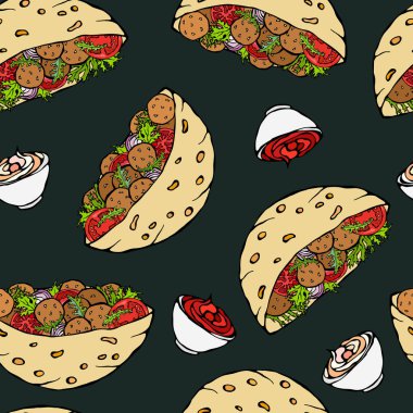 Kara Tahta Geçmişi. Falafel Pita ya da Köfteli Salata 'lı kusursuz bir patern. Arap İsrail Sağlıklı Fast Street Food. Gerçekçi El Çizimi Çizimi. Savoyar Doodle Biçimi