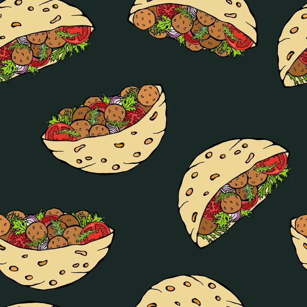 Fundo Placa Preta Padrão Infinito Sem Costura Com Falafel Pita —  Vetores de Stock