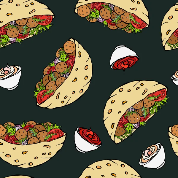 黑板背景 无缝隙无缝隙的无缝隙花纹面包或肉丸沙律 阿拉伯裔以色列人健康快街食品 写实手绘图解 Savoyar Doodle风格 — 图库矢量图片