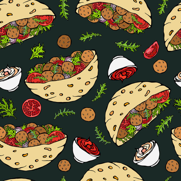 Black Board Background. Seamless Endless Pattern with Falafel Pita or Meatball Salad in Pocket Bread. Arabic Israel Healthy Fast Street Food. Realistic Hand Drawn Illustration. Savoyar Doodle Style