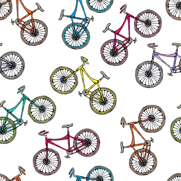 没有缝隙的自行车样式 无尽的自行车背景 写实手绘图解 Savoyar Doodle风格 — 图库矢量图片