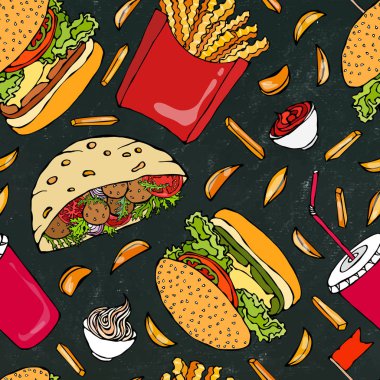 Kara Tahta Geçmişi. Burger, Cola, patates kızartması, ketçap, Falafel Pita, köfte, mayonez sosu. Fast Street Gıda. Gerçekçi El Çizimi Çizimi. Savoyar Doodle Biçimi