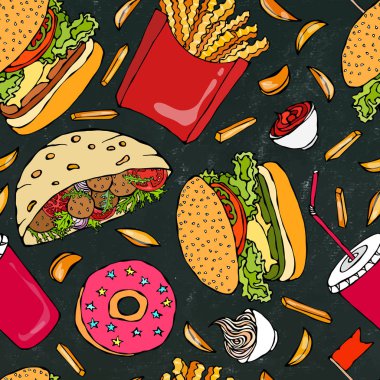 Kara Tahta Geçmişi. Burger, Cola, patates kızartması, ketçap, Falafel Pita, köfte, mayonez sosu. Fast Street Gıda. Gerçekçi El Çizimi Çizimi. Savoyar Doodle Biçimi