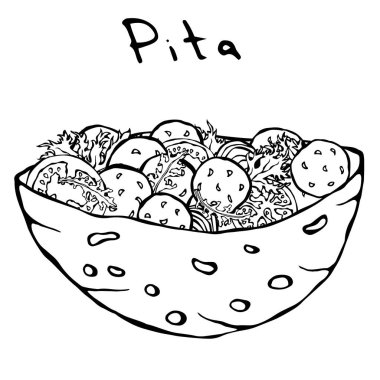 Falafel Pita ya da Köfte Salatası. Arap İsrail Sağlıklı Fast Food Fırını. Yahudi sokak yemekleri. Gerçekçi El Çizimi Çizimi. Savoyar Doodle Biçimi
