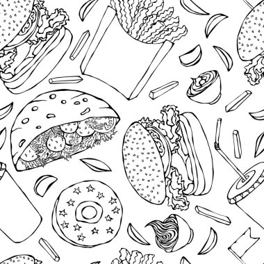 Burger, Cola Cup with Straw, French fries, Ketçap, Falafel Pita veya Köfte Salatası, Sos, Donut. Fast Street Gıda. Gerçekçi El Çizimi Çizimi. Savoyar Doodle Biçimi
