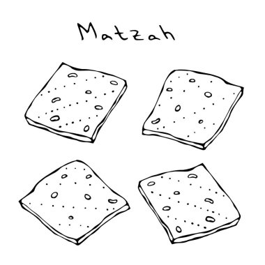 Matzah ya da Matzo, Pesach için mayasız ekmek, Hamursuz Bayramı Yahudi bayramı, beyaz arka planda izole edilmiş, tasarım elementi. Gerçekçi El Çizimi Çizimi. Savoyar Doodle Biçimi