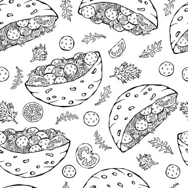 Falafel Pita ya da Köfteli Salata 'lı kusursuz bir patern. Arap İsrail Sağlıklı Fast Food Fırını. Yahudi sokak yemekleri. Gerçekçi El Çizimi Çizimi. Savoyar Doodle Biçimi