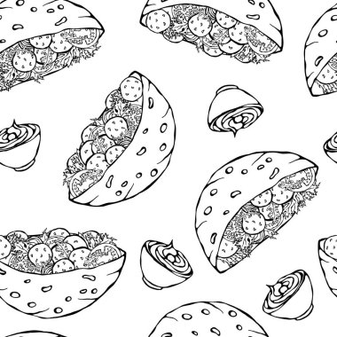 Falafel Pita ya da Köfteli Salata 'lı kusursuz bir patern. Arap İsrail Sağlıklı Fast Food Fırını. Yahudi sokak yemekleri. Gerçekçi El Çizimi Çizimi. Savoyar Doodle Biçimi