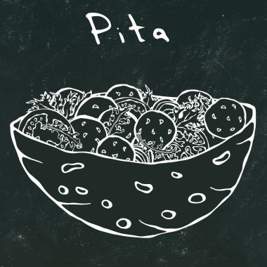 Kara Tahta Geçmişi. Falafel Pita ya da Köfte Salatası. Arap İsrail Sağlıklı Fast Food Fırını. Yahudi sokak yemekleri. Gerçekçi El Çizimi Çizimi. Savoyar Doodle Biçimi.