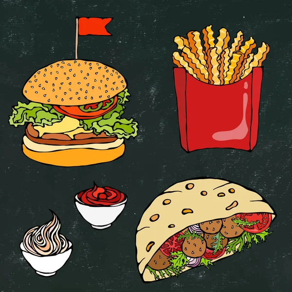Black Board Background Burger French Fries Ketchup Falafel Pita Meatball — Stock Vector