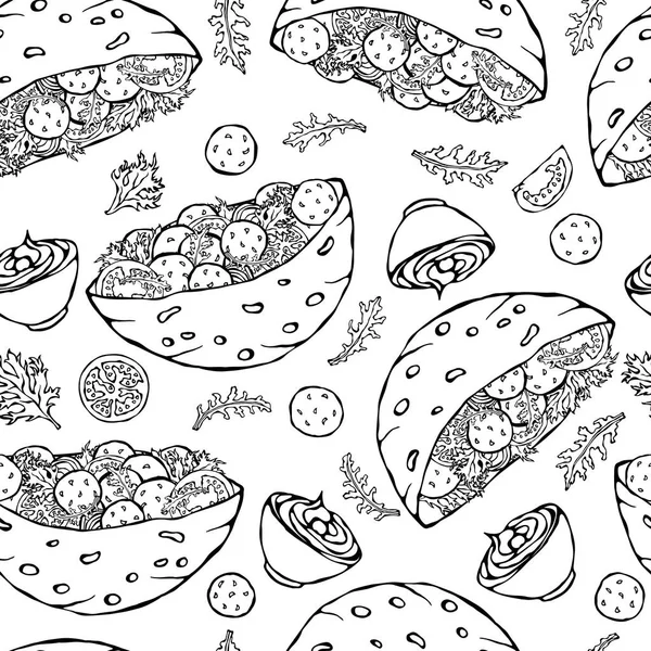 无缝隙无缝隙的无缝隙花纹面包或肉丸沙律 阿拉伯裔以色列人健康快餐面包店 犹太人街食品 写实手绘图解 Savoyar Doodle风格 — 图库矢量图片