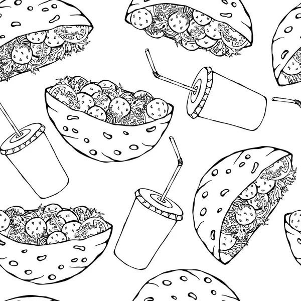 Falafel Pita ya da Köfte Salatası ve Ekmek ve Kola ile kusursuz bir patern. Sağlıklı Fast Food Pastanesi. Yahudi sokak yemekleri. Gerçekçi El Çizimi Çizimi. Savoyar Doodle Biçimi