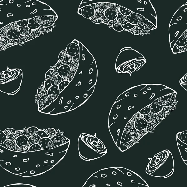 Μαύρο φόντο πίνακα. Απρόσκοπτη ατελείωτη μοτίβο με Falafel Pita ή Meatball Salad στο ψωμί τσέπης. Αραβικό Ισραήλ Υγιής Fast Street Food. Ρεαλιστική χειρόγραφη απεικόνιση. Στυλ Savoyar Doodle. — Διανυσματικό Αρχείο