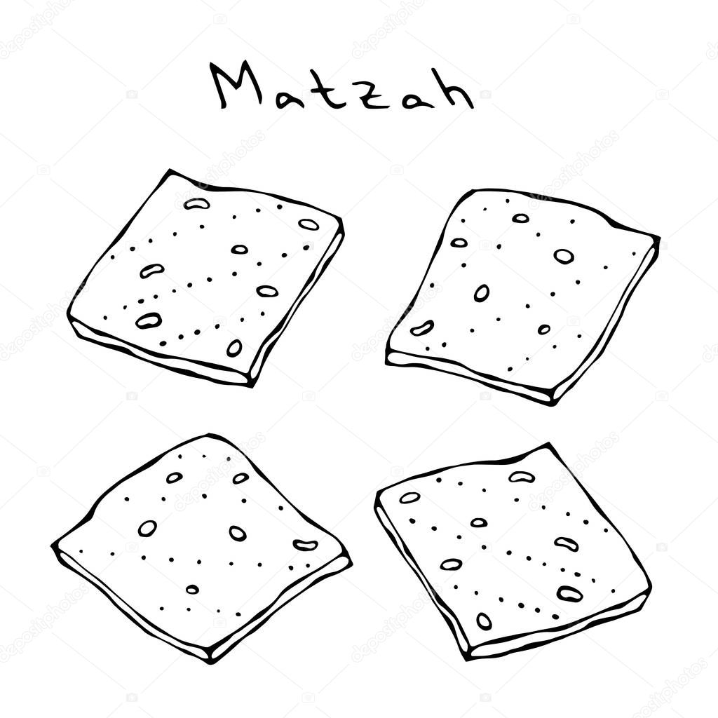 Matzah or Matzo, Unleavened Bread for Pesach, Jewish Holiday of Passover, Isolated on white Background, Design Element. Realistic Hand Drawn Illustration. Savoyar Doodle Style