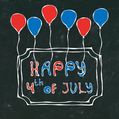 Kara Tahta Geçmişi. Amerika 'nın 4 Temmuz Bağımsızlık Günü' nüz kutlu olsun. Balonlar, Yıldızlar, Bayrak. Tebrik kartı ve poster tasarımı. Gerçekçi El Çizimi Çizimi. Savoyar Doodle Biçimi.