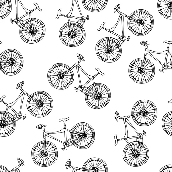 Naadloos patroon van fietsen. Eindeloze fiets achtergrond. Realistische handgetekende illustratie. Savoyar Doodle Stijl. — Stockvector