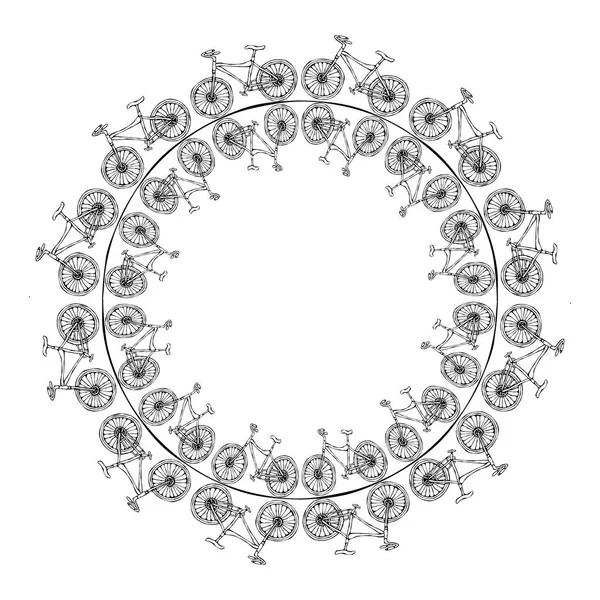 Brosse à motif sans fin ou ruban de bicyclettes. Cadre de cercle arrière-plan de vélo. Illustration réaliste dessinée à la main. Style de caniche Savoyar . — Image vectorielle