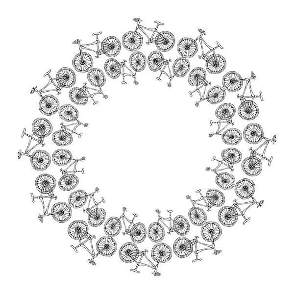 Brosse à motif sans fin ou ruban de bicyclettes. Cadre de cercle arrière-plan de vélo. Illustration réaliste dessinée à la main. Style de caniche Savoyar . — Image vectorielle