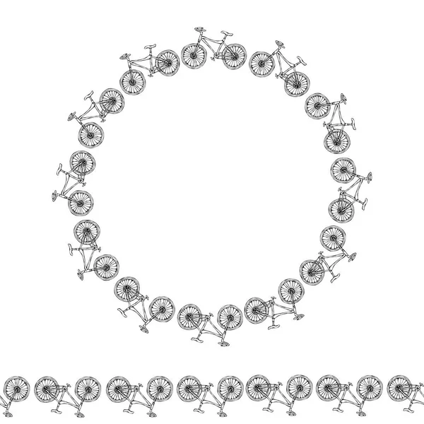 Brosse à motif sans fin ou ruban de bicyclettes. Cadre de cercle arrière-plan de vélo. Illustration réaliste dessinée à la main. Style de caniche Savoyar . — Image vectorielle