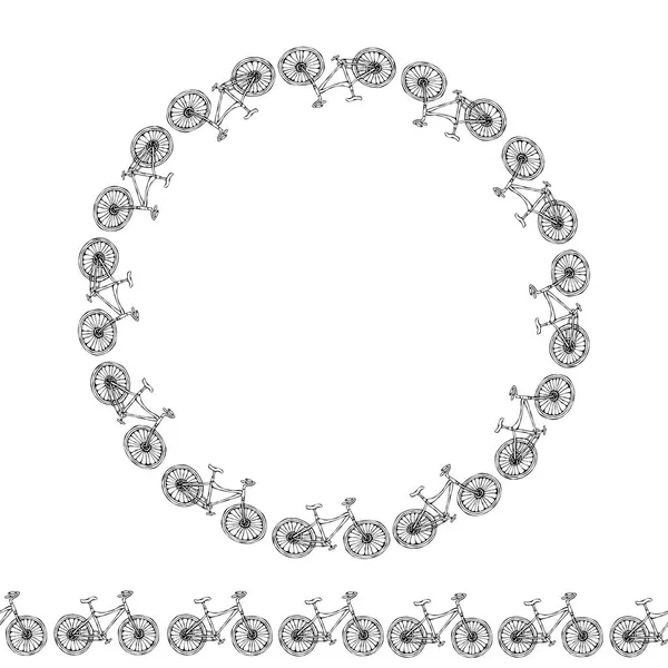 Nekonečný vzor štětec nebo stuha z kol. Circle Frame Bike Background. Realistická ručně kreslená ilustrace. Styl Savoyar Doodle. — Stockový vektor