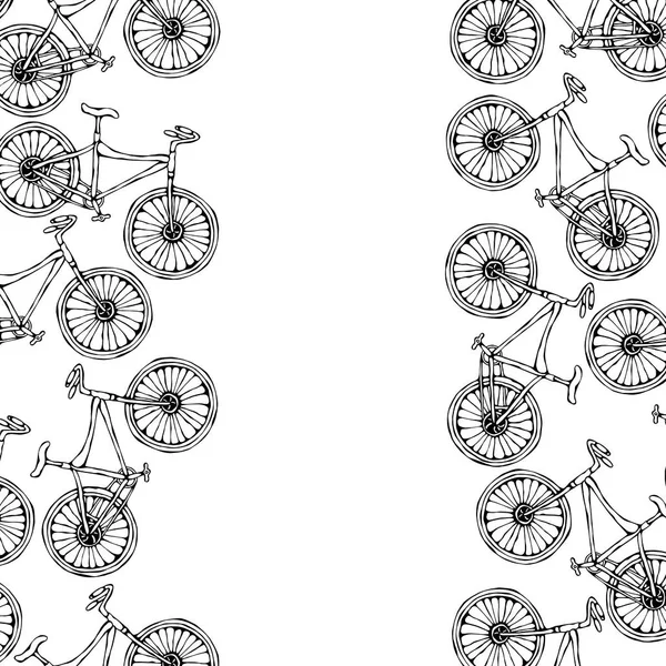 Pattern Ribbon of Bicycles Fahrrad Hintergrund. Realistische handgezeichnete Illustration. Savoyarscher Doodle-Stil. — Stockvektor