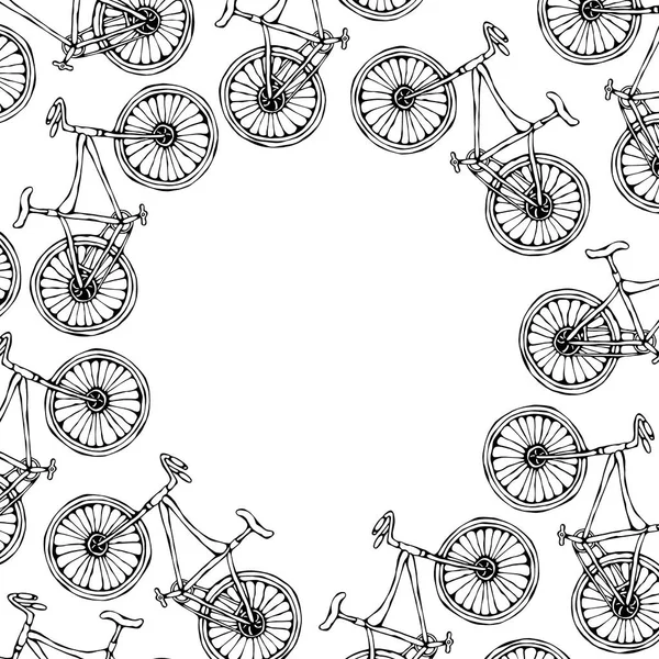 Círculo quadro fundo da bicicleta. Ilustração desenhada à mão realista. Estilo Doodle Savoyar —  Vetores de Stock