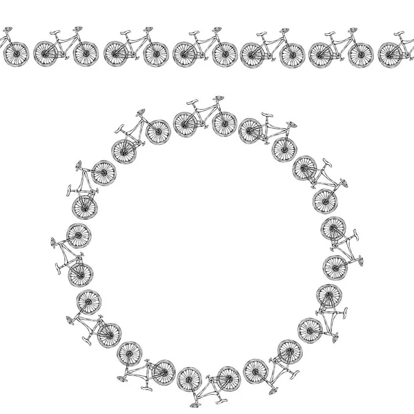 자전거의 끝없는 패턴 브러시 또는 리본. ( 영어 ) Bke Background Circle Frame. 실제 손은 삽화로 그려졌다. 사 시르 두들 스타일. — 스톡 벡터