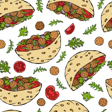 Falafel Pita ya da Köfteli Salata 'lı kusursuz bir patern. Arap İsrail Sağlıklı Fast Food, Pastanesi. Yahudi sokak yemekleri. Gerçekçi El Çizimi Çizimi. Savoyar Doodle Biçimi