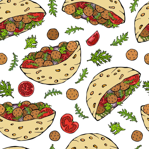 无缝隙无缝隙的无缝隙花纹面包或肉丸沙律 阿拉伯以色列健康快餐 面包店 犹太人街食品 写实手绘图解 Savoyar Doodle风格 — 图库矢量图片