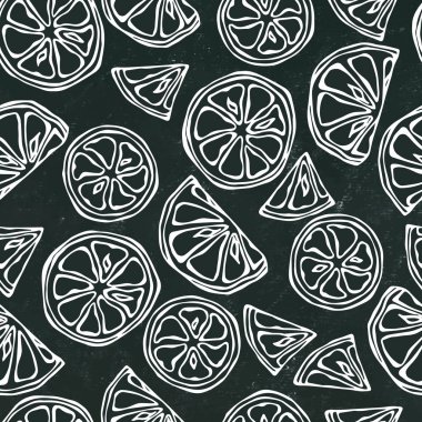 Black Board Background. Seamless Endless Pattern of Citrus Lime. Hand Drawn Illustration. Savoyar Doodle Style vector