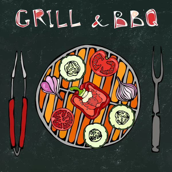 Kara Tahta Geçmişi. Vejetaryen ızgarası. Sebzeli barbekü. Piknik ve Barbekü Aletleri Tong ve Çatal. Domates, Bell Pepper, soğan, sarımsak ve kabak. El çizimi. Savoyar Doodle Biçimi