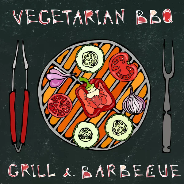 Fundo Placa Preta Grill Vegetariano Churrasco Vegetal Piquenique Barbeque Aparelhos —  Vetores de Stock