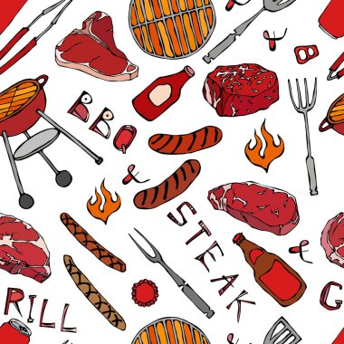 Kusursuz yaz barbekü mangal partisi düzeni. Bira kutusu, şişe ve bardak, biftek, sosis, barbekü ızgarası, maşa, çatal, ateş, ketçap. El Çekimi Vektör İllüstrasyonu. Savoyar Doodle Biçimi