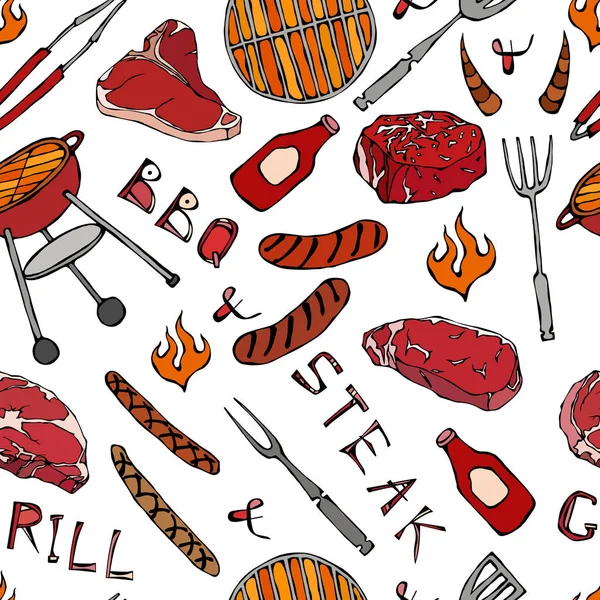 Seamless Pattern Dari Summer Bbq Grill Party Steak Sosis Jaringan - Stok Vektor