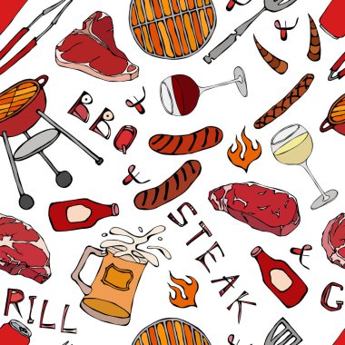 Kusursuz yaz barbekü mangal partisi düzeni. Bir bardak kırmızı, beyaz üzüm bifteği, sosis, barbekü ızgarası, maşa, çatal. El Çekimi Vektör İllüstrasyonu. Savoyar Doodle Biçimi