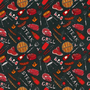 Kusursuz yaz barbekü mangal partisi düzeni. Biftek, sosis, barbekü ızgarası, maşa, çatal, ateş, ketçap. Kara Tahta Geçmişi ve Tebeşir. El Çekimi Vektör İllüstrasyonu. Savoyar Doodle Biçimi