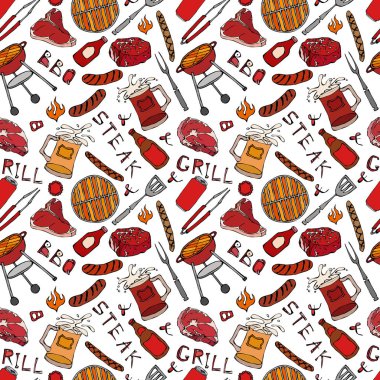 Kusursuz yaz barbekü mangal partisi düzeni. Biftek, sosis, barbekü ızgarası, maşa, çatal, ateş, ketçap. El Çekimi Vektör İllüstrasyonu. Savoyar Doodle Biçimi