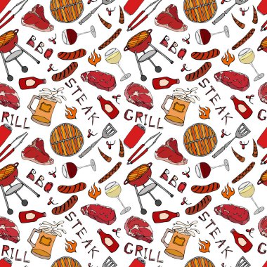 Kusursuz yaz barbekü mangal partisi düzeni. Bir bardak kırmızı, beyaz üzüm bifteği, sosis, barbekü ızgarası, maşa, çatal. El Çekimi Vektör İllüstrasyonu. Savoyar Doodle Biçimi