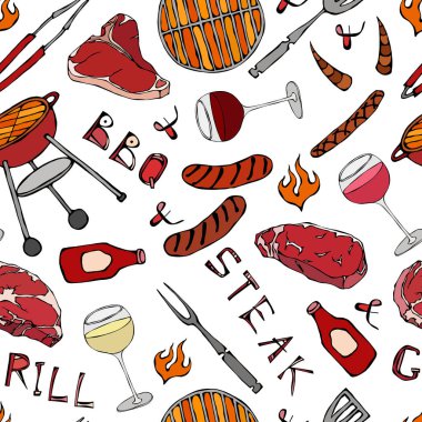 Kusursuz yaz barbekü mangal partisi düzeni. Bir bardak kırmızı, gül ve beyaz şarap, biftek, sosis, barbekü ızgarası, maşa, çatal, ateş, ketçap. El Çekimi Vektör İllüstrasyonu. Savoyar Doodle Biçimi