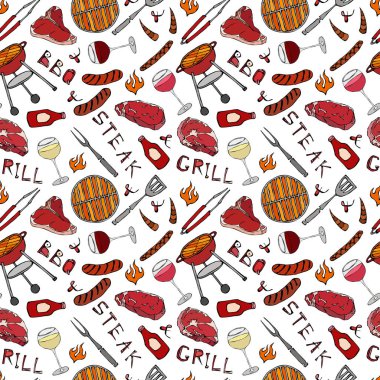 Kusursuz yaz barbekü mangal partisi düzeni. Bir bardak kırmızı, gül ve beyaz şarap, biftek, sosis, barbekü ızgarası, maşa, çatal, ateş, ketçap. El Çekimi Vektör İllüstrasyonu. Savoyar Doodle Biçimi