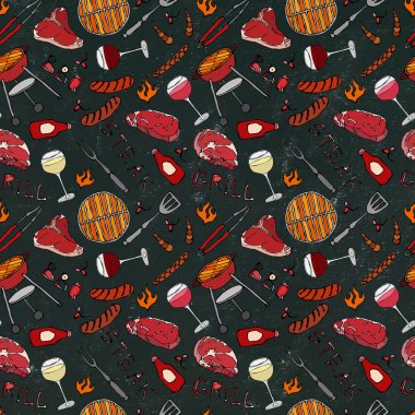 Kusursuz yaz barbekü mangal partisi düzeni. Bir bardak kırmızı, gül ve beyaz şarap, biftek, sosis, ızgara. Kara Tahta Geçmişi ve Tebeşir. El Çekimi Vektör İllüstrasyonu. Savoyar Doodle Biçimi