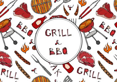 Izgara ve Barbekü Mektubu. Kusursuz yaz barbekü mangal partisi düzeni. Biftek, sosis, barbekü ızgarası, maşa, çatal, ateş, ketçap. El Çekimi Vektör İllüstrasyonu. Savoyar Doodle Biçimi