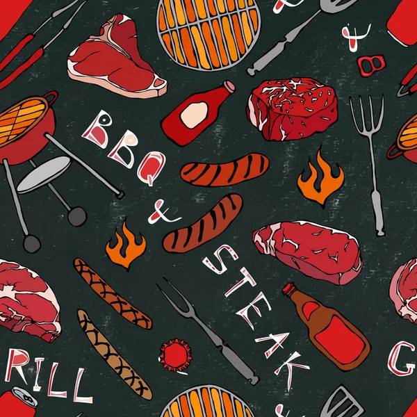Kusursuz yaz barbekü mangal partisi düzeni. Biftek, sosis, barbekü ızgarası, maşa, çatal, ateş, ketçap. Kara Tahta Geçmişi ve Tebeşir. El Çekimi Vektör İllüstrasyonu. Savoyar Doodle Biçimi