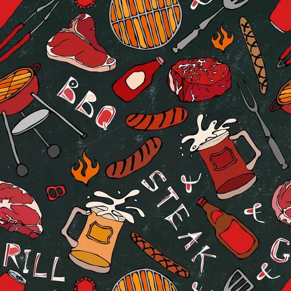 Seamless Pattern Dari Summer Bbq Grill Party Steak Sosis Jaringan - Stok Vektor