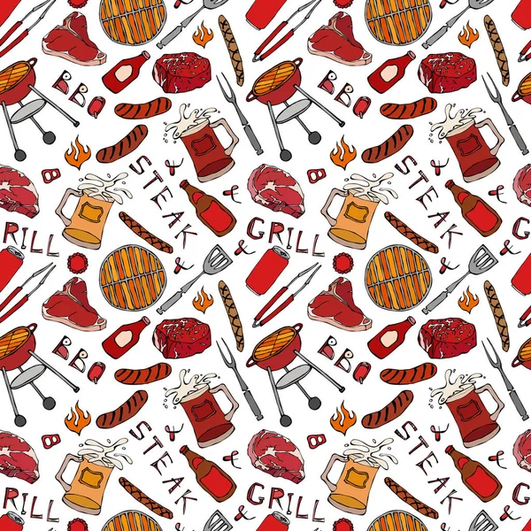 Seamless Pattern Dari Summer Bbq Grill Party Steak Sosis Jaringan - Stok Vektor