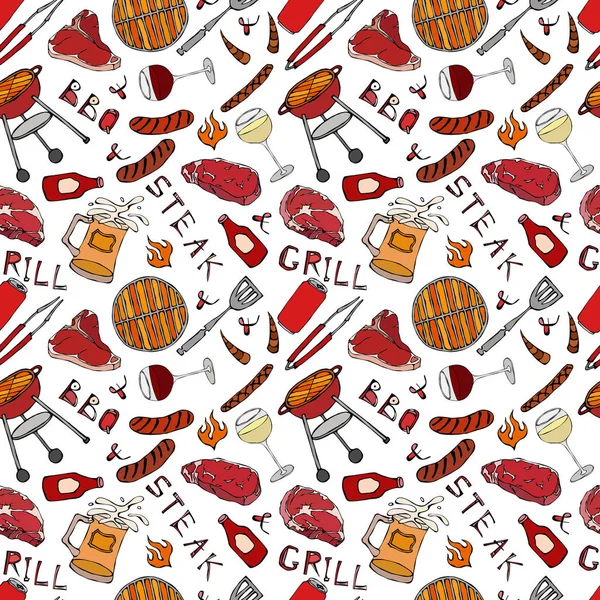 Kusursuz yaz barbekü mangal partisi düzeni. Bir bardak kırmızı, beyaz üzüm bifteği, sosis, barbekü ızgarası, maşa, çatal. El Çekimi Vektör İllüstrasyonu. Savoyar Doodle Biçimi