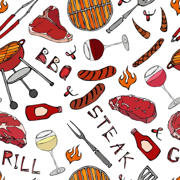 Kusursuz yaz barbekü mangal partisi düzeni. Bir bardak kırmızı, gül ve beyaz şarap, biftek, sosis, barbekü ızgarası, maşa, çatal, ateş, ketçap. El Çekimi Vektör İllüstrasyonu. Savoyar Doodle Biçimi